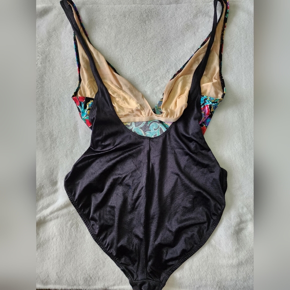 Cole of California Vtg 80s Black Multi Color Floral One Piece Swimsuit - Sz 16 - Picture 4 of 13